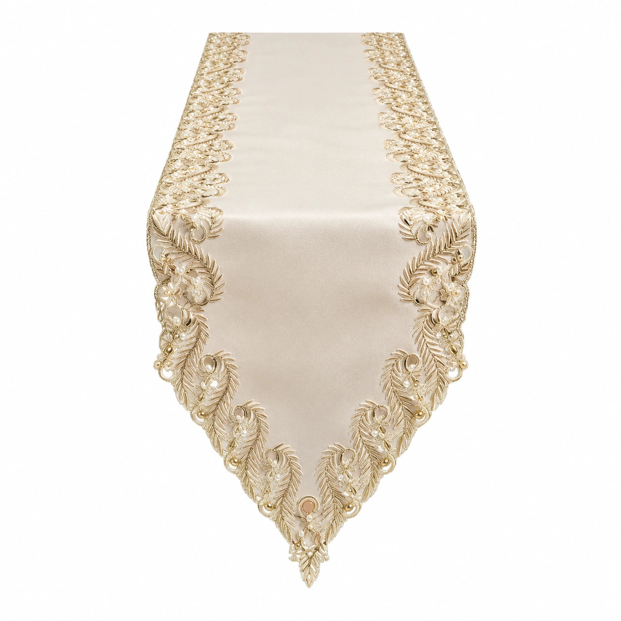 Camino de mesa beige con bordado y encaje floral