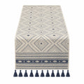 Camino de mesa geométrico beige y azul con flecos decorativos