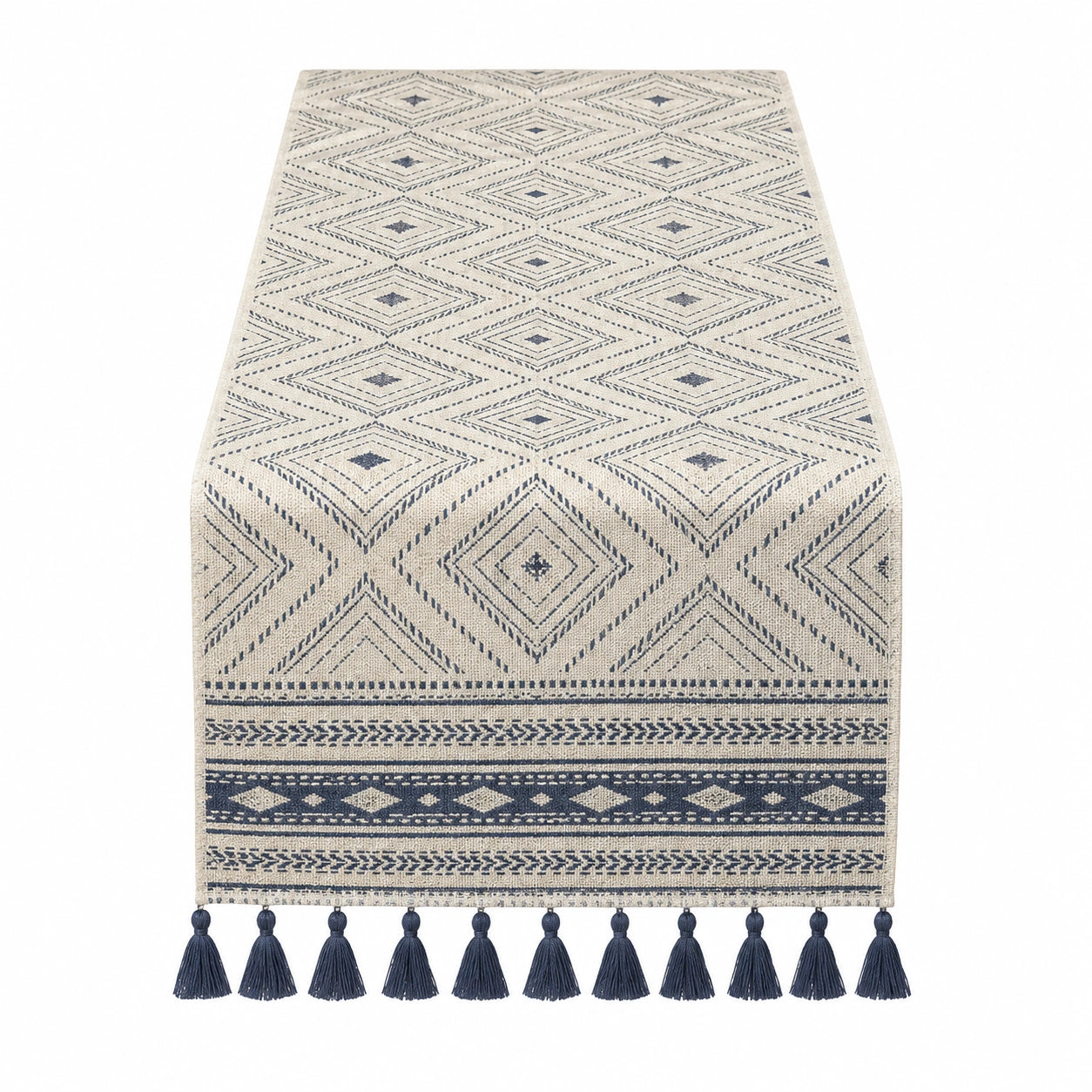 Camino de mesa geométrico beige y azul con flecos decorativos