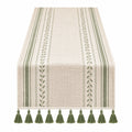 Caminero de Mesa Beige y Verde con Flecos Decorativos