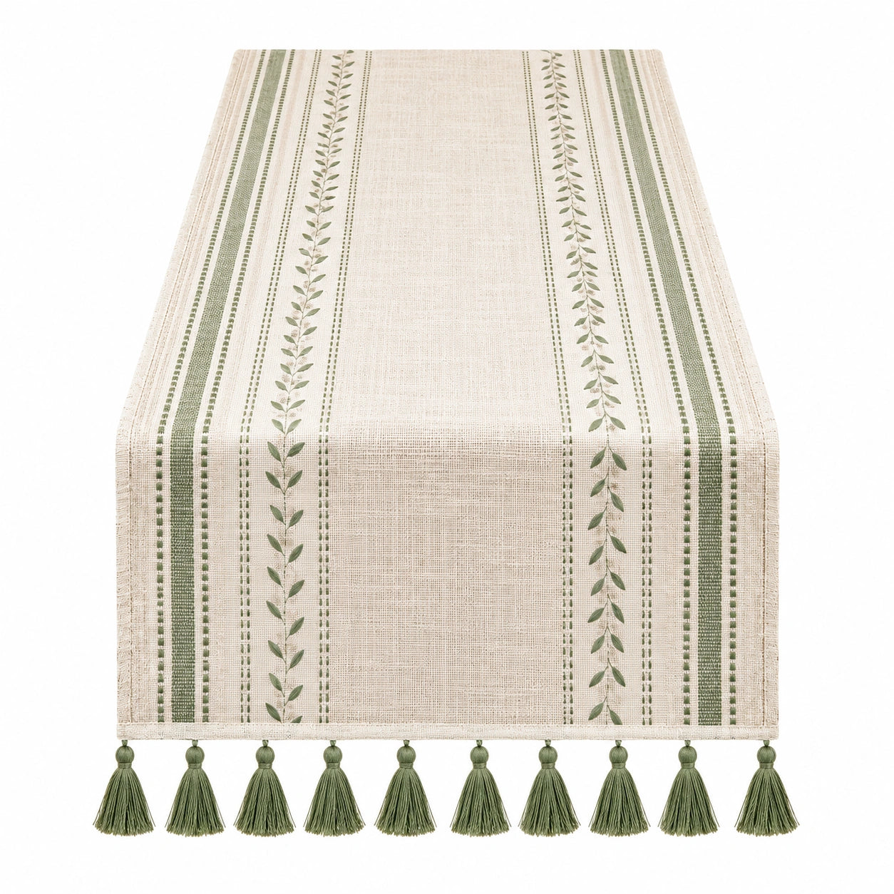 Caminero de Mesa Beige y Verde con Flecos Decorativos