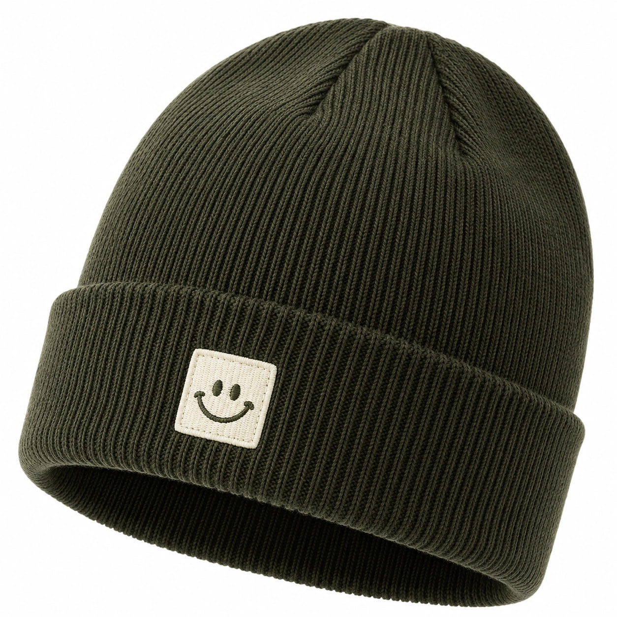 Gorro de punto con sonrisa bordada verde oscuro