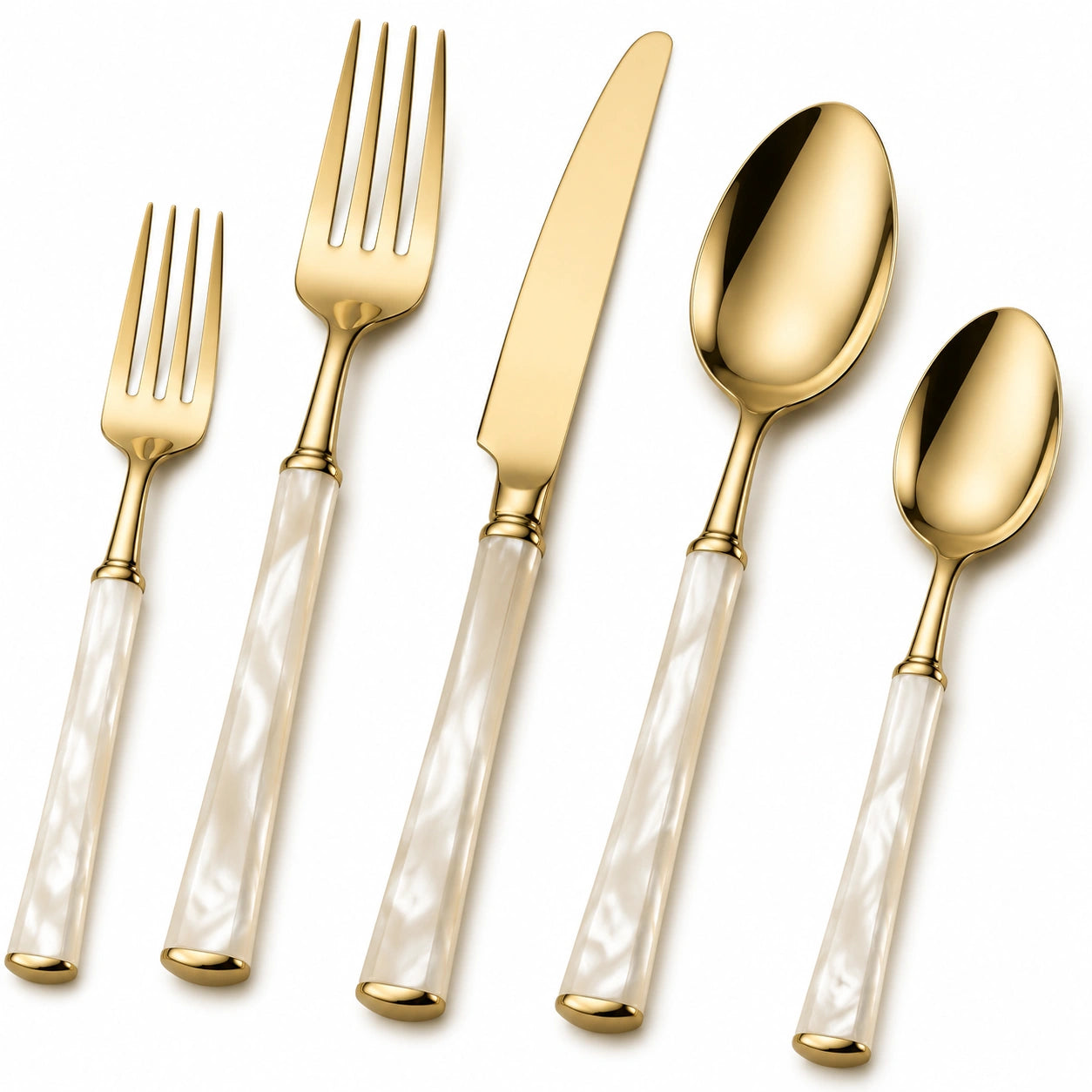 Set de Cubiertos de Acero Inoxidable Dorado con Mangos de Nácar