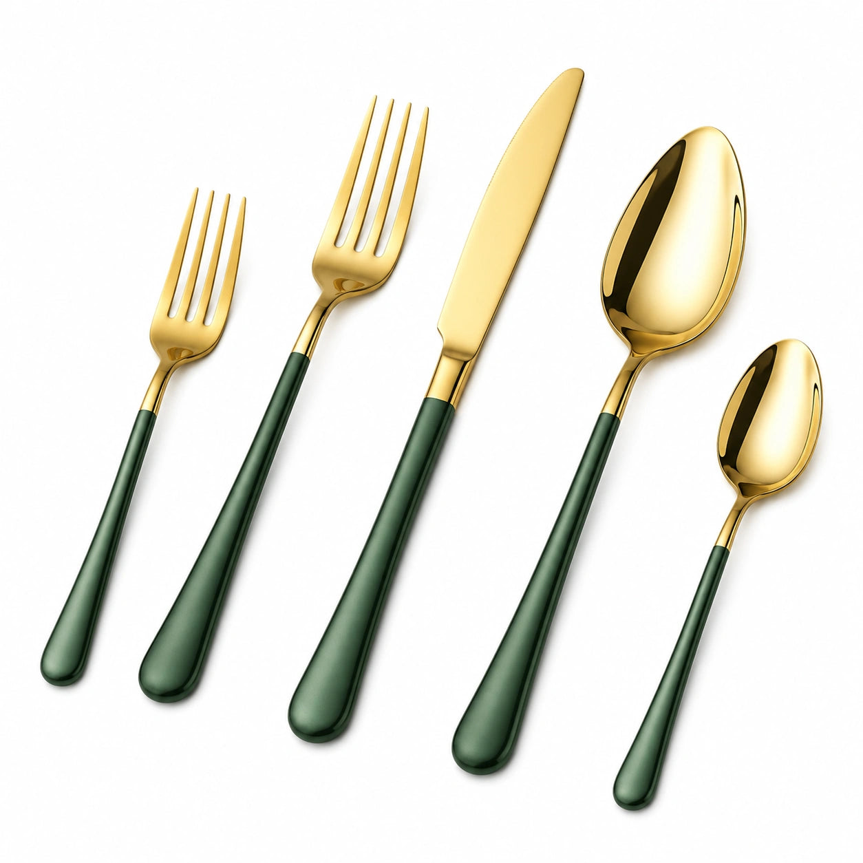 Juego de Cubiertos de Mesa Dorados y Verdes, 5 Piezas