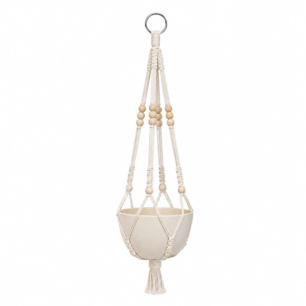 Macetero Colgante de Macramé Beige con Cuentas para Plantas