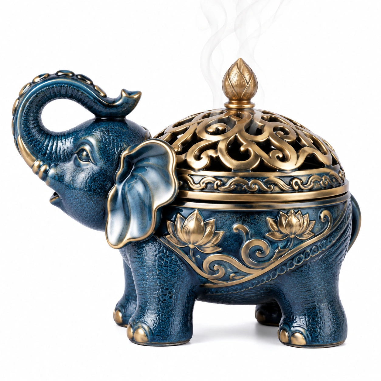 Quemador de Incienso Elefante Azul y Dorado con Diseño Decorativo