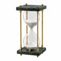 Reloj de Arena Decorativo de Vidrio Transparente y Estructura de Metal con Mármol Verde y Detalles Dorados