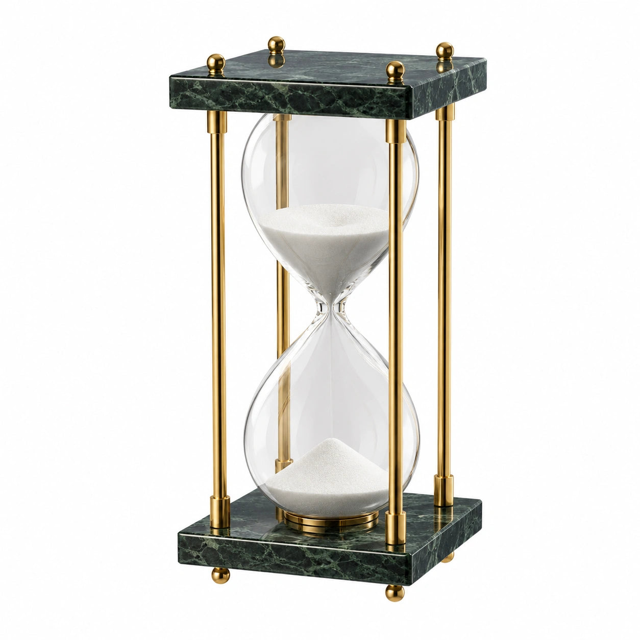 Reloj de Arena Decorativo de Vidrio Transparente y Estructura de Metal con Mármol Verde y Detalles Dorados