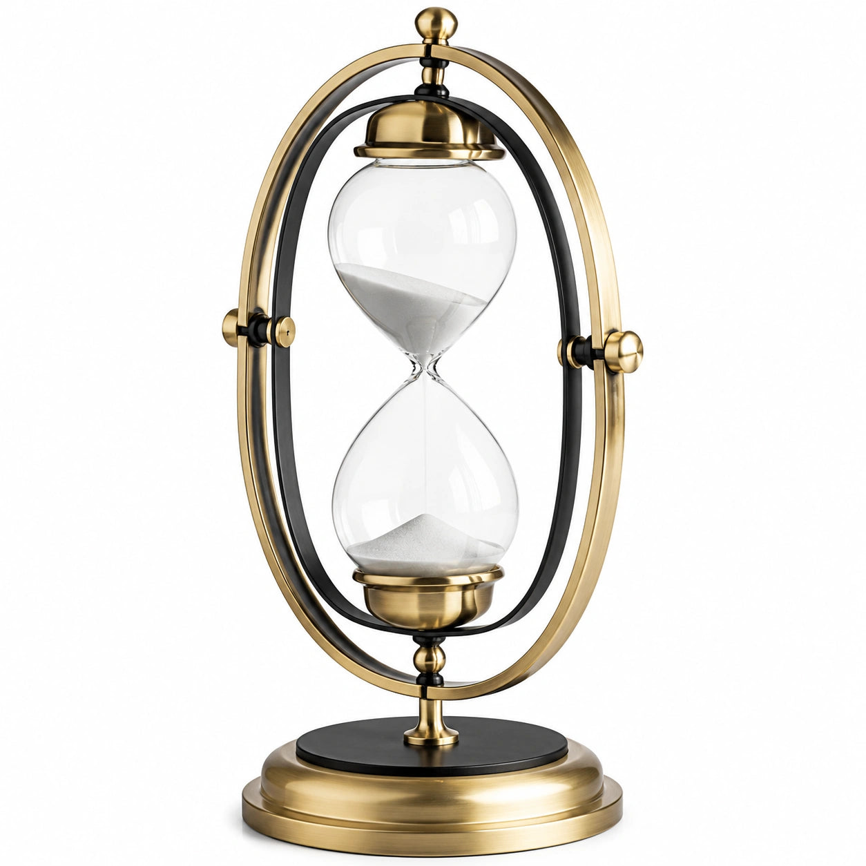Reloj de arena decorativo con base dorada y negra